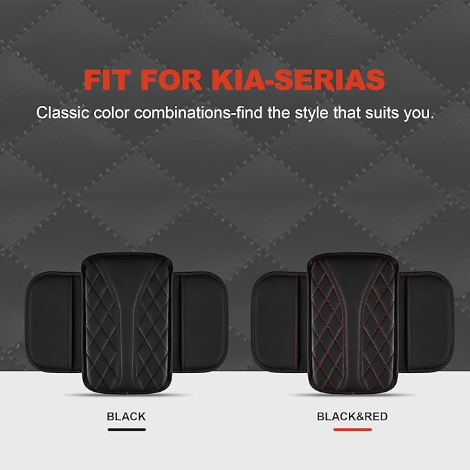 Center Console Cover Fit for Kia Soul 2010-2025 with 2 Storage Bags Waterproof Leather Quilted Pattern Car Armrest Cover Cushion Anti - Slip(002#Black&Red Line)