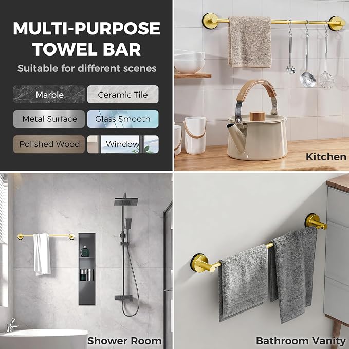 Adjustable Suction Cup Towel Bar for Bathroom Wall,17 Inch~29 Inch Towel Racks for Bathroom,Stainless Steel Bath Towel Holder for Shower(Brushed Gold)