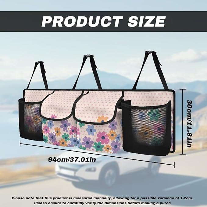 Floral Car Trunk Organizer and Storage with Adjustable Straps, Backseat Hanging Organizer for SUV, Truck, MPV, Waterproof Cargo Storage Bag Car Interior Accessories for Women and Men