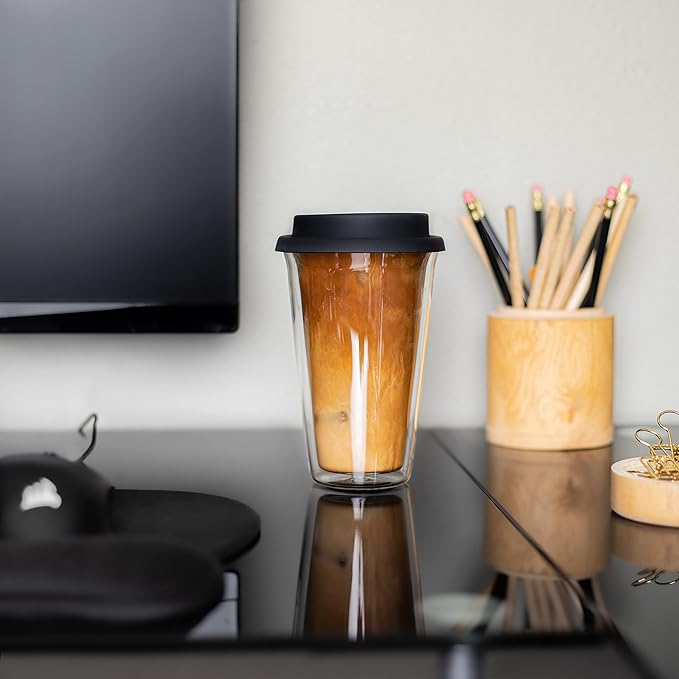 2-Pack Insulated Glass Travel Mugs, 12 oz, Double Wall, Reusable Coffee Cups with Lids, BPA Free