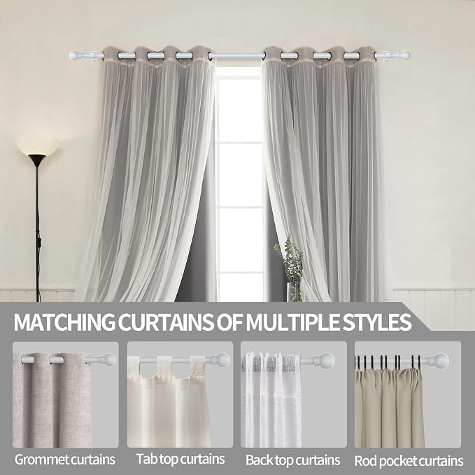 Thestoa Curtain Rods for Windows 66-120 Inch, 5/8" White Curtain Rods, Stainless Steel Small Curtain Rod for Bedroom, Living Room,Kitchen,Farmhouse, Outdoor Curtain rod White