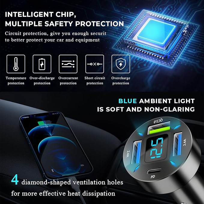 Augeny USB C Car Charger, 4 Port Auto Fast Charger with USB PD & QC 3.0, Cigarette Lighter USB Automotive Adapter Compatible with Most Mobile Cell Phone, Car Accessories (PD+QC 3.0)