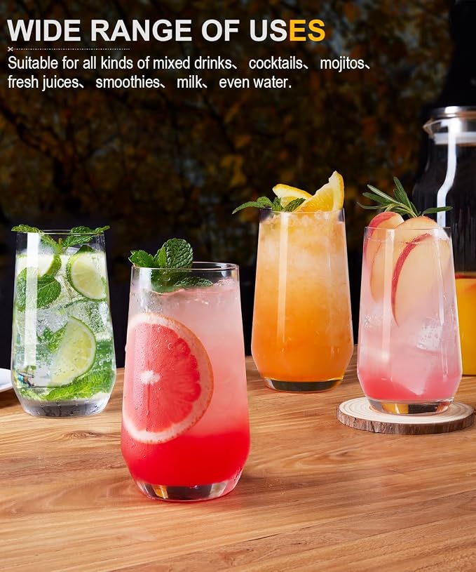 LUNA & MANTHA Drinking Water Glasses Set, Lead-Free Crystal Highball Glass, Tall Glass Cups for Cocktail Parties,Clear set of 6,16.2oz
