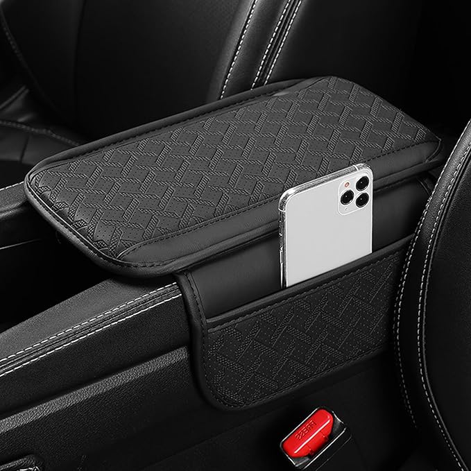 Car Armrest Cushion, Leather Soft Vehicle Center Console Cover with 2 Storage Bag, Breathable Automotive Interior Arm Rest Protection Pad Accessories, Universal for SUV Sedan Truck(Black)