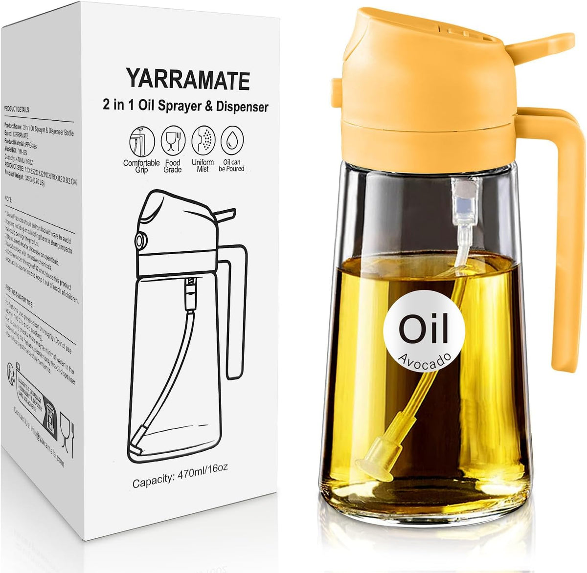 YARRAMATE 16oz/470ml Glass Olive Oil Sprayer for Cooking with Stickers, 2 in 1 Oil Dispenser for Kitchen Gadgets, Food Grade Premium Spray Bottle with Portion Control for Salad, Frying, BBQ (Black)