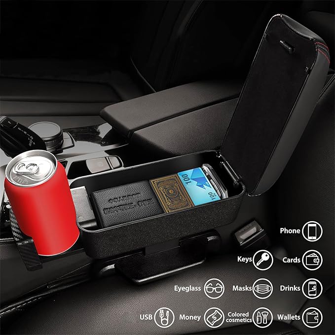 Rupse Universal Car Armrest Storage Box with Cup Holder, Adjustable Wrist Support, Center Console Organizer for Most Cars (Black Red Line)