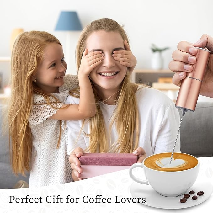 Battery Operated Coffee Frother by ELMWAY, Stainless Steel Electric Whisk, Mini Milk Frother Handled for Coffee, Latte, Matcha and Protein Powder (Rose Gold without Stand)