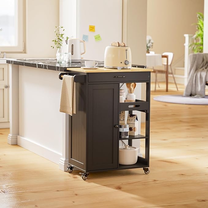 Gizoon Kitchen Island Cart with Solid Wood Top, Rolling Serving Utility Trolley Cart with Drawer, Cabinet, Towel Rack, Hooks and 3 Open Storage Shelves, Mobile Storage Cart for Dining Room, Bar, Black