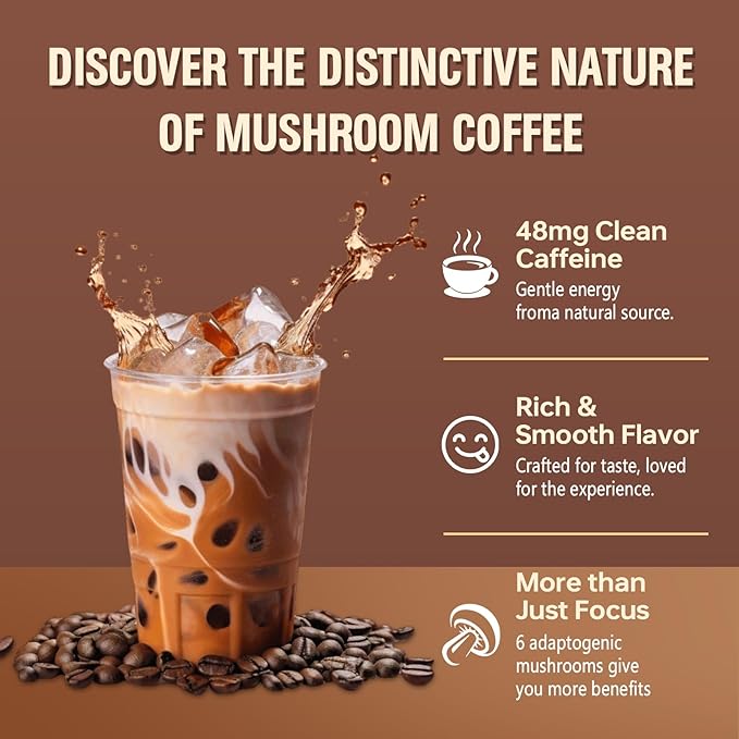 Mushroom Coffee, Instant Mushroom Coffee Powder with 6 Adaptogenic Mushrooms (Cordyceps, Lion’s Mane, Shiitake, Turkey Tail) and MCT Oil for Better Energy, Focus, Immune Support - 30 Servings