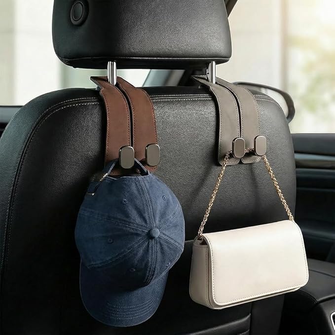 Car Seat Back Storage Hook, 2026 New Two Hook Fur Leather Seat Back Headrest Hanger Genuine Leather Double Metal Hook for Backseat Organizer, Car Organization Accessories (4, Gray)