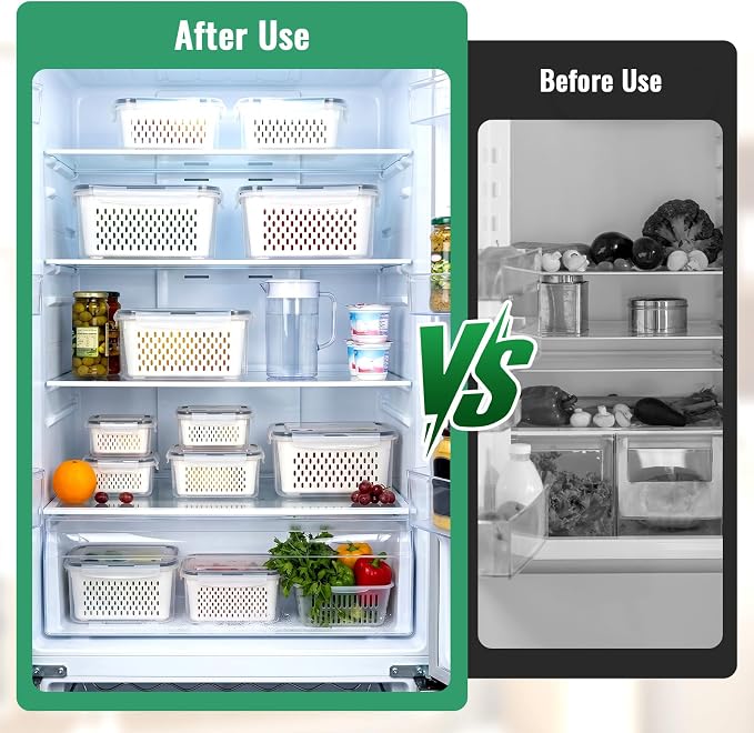 5 PCS Fruit Storage Containers for Fridge Produce Containers for Fridge with Removable Colander Berry Storage Containers Veggie BPA-Free Plastic Crisper for Long-Term Freshness