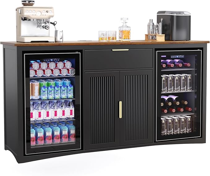GDLF Long Coffee Bar Cabinet with Fridge Space, Modern Wine Liquor Cabinet with Storage & Power Outlet, Buffet Sideboard with Fluted Doors for Home, 70.1 Inch, Black