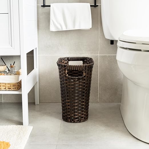 GRANNY SAYS Wicker Trash Can, Bathroom Trash Can with Handles, Wicker Waste Basket for Bathroom, Waste Basket for Bedroom, Decorative Wicker Wastebasket, 15 Liters/4 Gallons, 1-Pack Dark Brown
