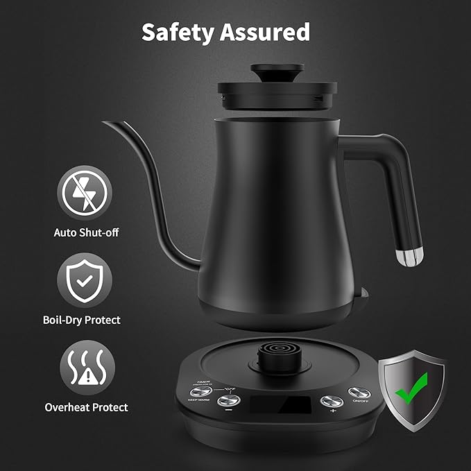 Electric Gooseneck Kettle, ±1°F Temperature Control, 304 Stainless Steel Inner, 0.8L/1200W Fast Heating with Auto Shut-Off & Safety Lock for Pour Over Coffee & Tea - Black