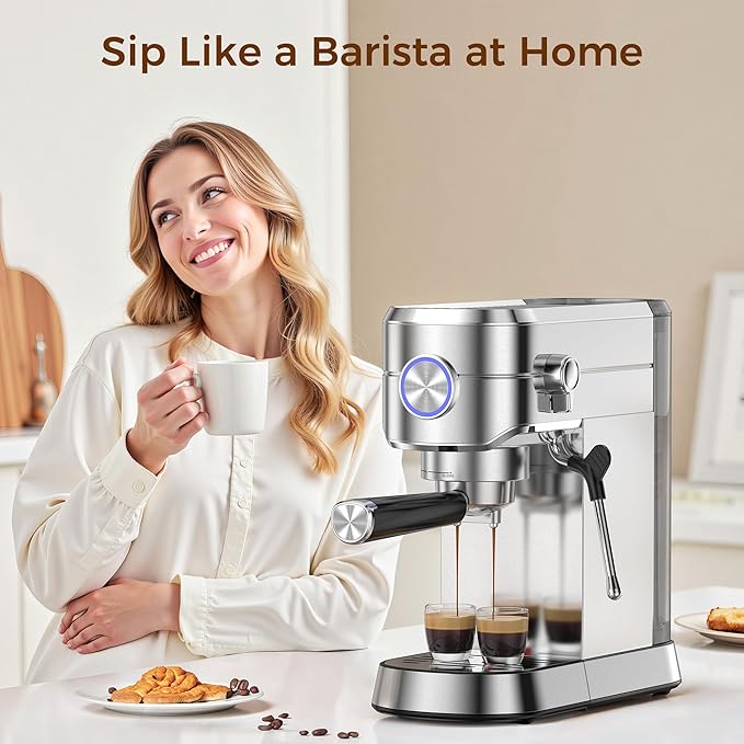 Kndko Espresso Machine, 20 Bar Espresso Coffee Machine with Milk Frother, Compact Stainless Steel Coffee Maker with 34oz Removable Water Tank for Cappuccino, Latte