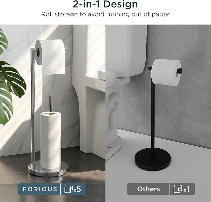 FORIOUS Toilet Paper Holder Stand, Modern Freestanding Tissue Roll Holder for Bathroom, Durable SUS 304 Stainless Steel and Weighted Base Toilet Paper Stand, Storage for 4 Rolls, Polished Chrome