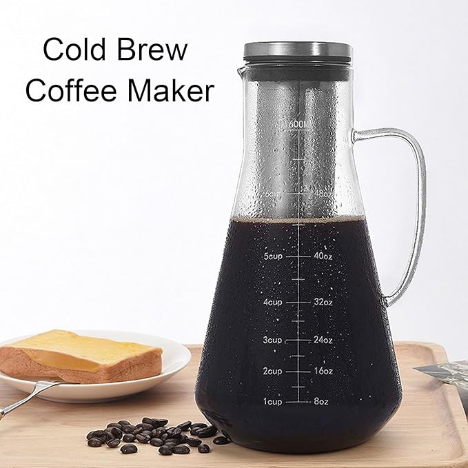 1600ML Mason Jar Pitcher with Stainless Steel Filter, Cold Brew Coffee Maker, Pour Spout Handle Lid, Airtight Leak Proof, Designed for Durability, Smoother and Rich Coffee Flavor
