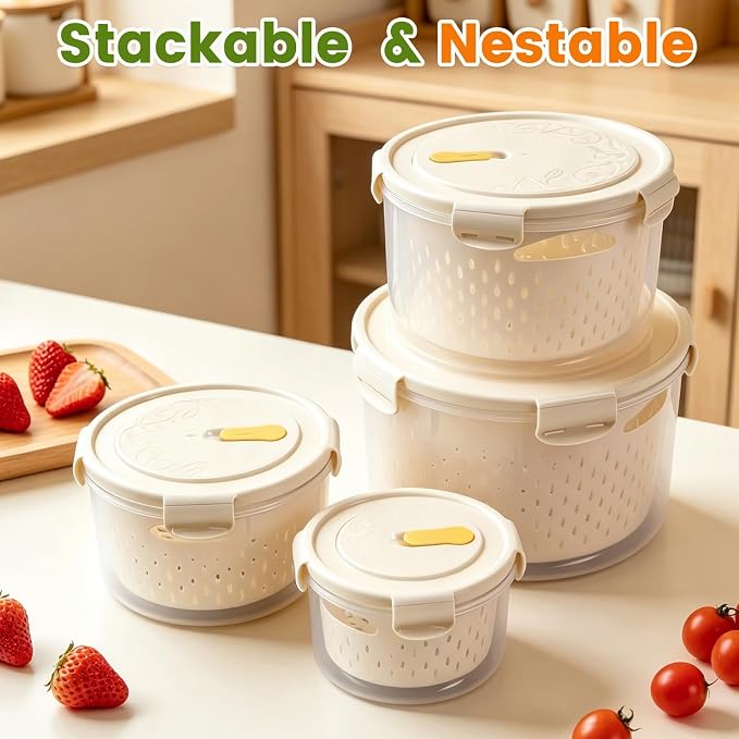 TBMax 8 Pieces Airtight Fruit Storage Containers for Fridge with Air Circulation Vent, 4 Pack Round Produce Saver with Colander for Berry Lettuce Salad Vegetable Storage, Refrigerator Organizers