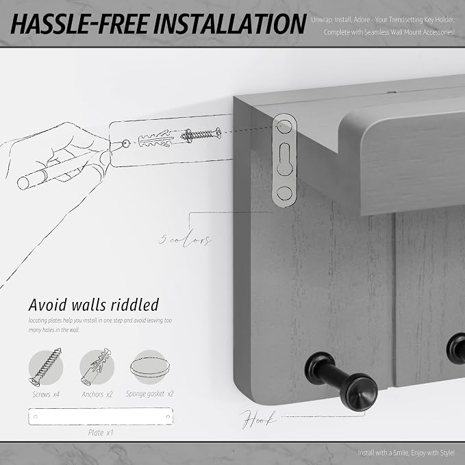 Rebee Vision Small Key Holder Wall Mount - Decorative Key and Mail Holder for Wall with Shelf and 4 Hooks for Aesthetic Room Decor - Modern Apartment Essentials for Home Decor (Light Gray)