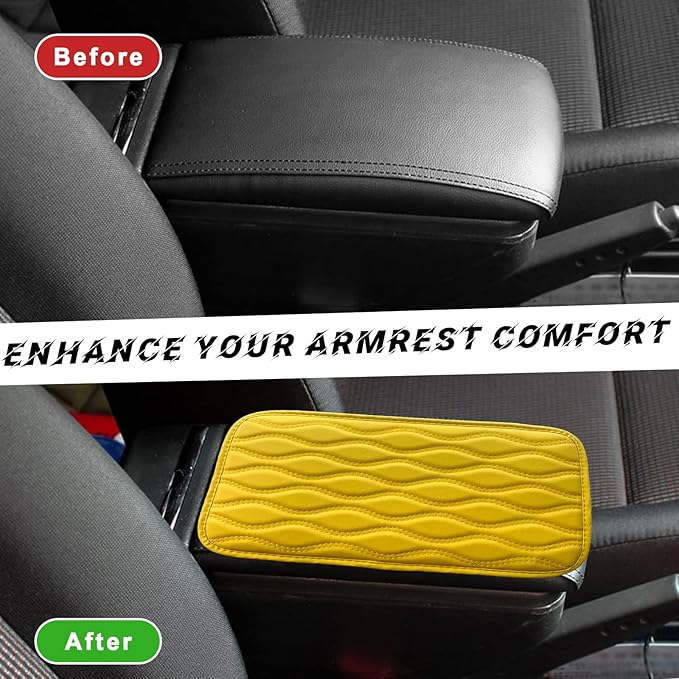 Car Center Console Pad, Waterproof PU Leather Auto Armrest Box Cover, Comfortable Vehicle Arm Rest Protector Cushion Pad for Car SUV, Universal Car Accessories (Yellow)