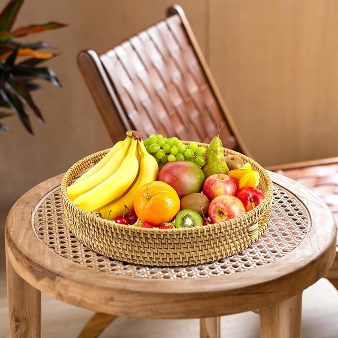 Handwoven Rattan Round Serving Tray, Natural Wicker Decorative Tray for Serving, Coffee Table, Home Boho Décor and Entertaining, Gift Idea Choice