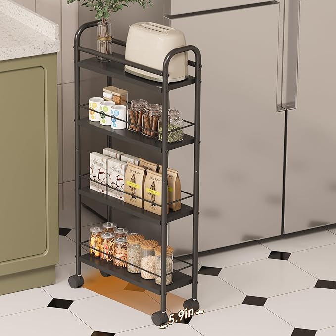Slim Storage Cart, 4-Tier Small Rolling Cart with Wheels, 5.9" Deep, Narrow Bathroom Shelf Trolley for Kitchen, Bathroom, Laundry Room, Black Standard 4-Tier (5.9" W x 33.6" H)