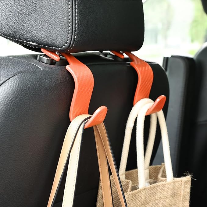 Car Seat Headrest Hook, 4 Pack Auto Seat Hanger Storage Organizer for Purse Handbag Coats Grocery Bags, Car Interior Accessories, Universal Vehicle Backseat Plastic Hanging Hook (Orange)