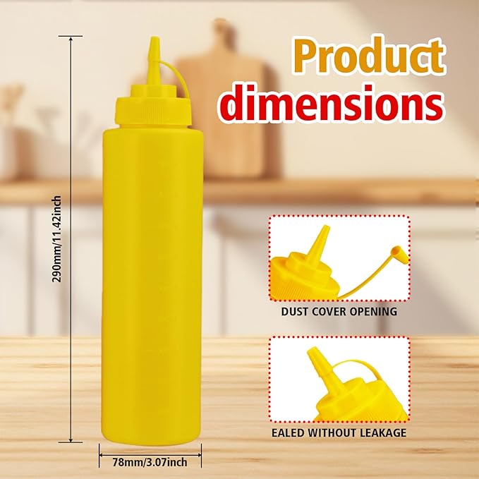Squeeze Bottles for Sauces,Leak-Proof Condiment Dispenser, BPA-Free Kitchen Restaurant Squeeze Bottle Set with Wide Mouth for Ketchup, Mustard,Syrup,Dressings (Yellow, 2Pack-32oz(900ml))