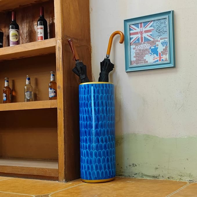 Luxurious Umbrella Stand Holder Umbrella Bucket Umbrella Rack Barrel Hand-Painted Feather Theme Porcelain Ceramic Floor Vase Entryway Porch Indoor 24" High Peacock Blue