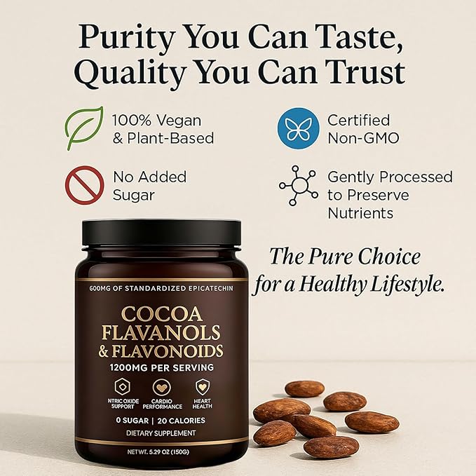 High Flavanol Cocoa Powder – 1200mg Flavanols & Flavonoids per Serving – 10X Concentrated Cocoa Extract with 600mg Epicatechin – Premium Dark Cocoa Nutrition for Daily Use, Gluten Free, Vegan, 5.29 oz (1)