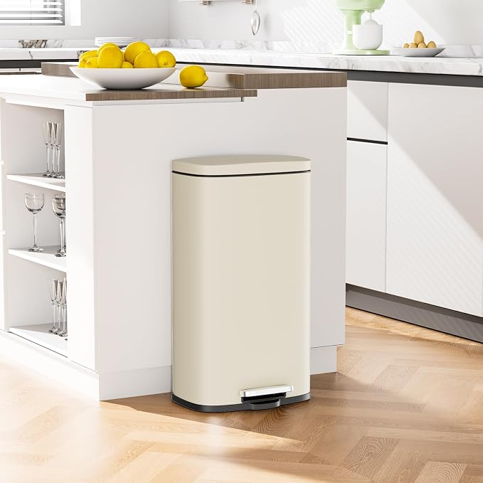 Arlopu 8/13.2 Gallon Step Trash Can, Stainless Steel Garbage Bin, Soft-Close Rubbish Bin with Removable Plastic Inner Bucket, Fingerprint-Proof, Lid Dustbin, Suit for Kitchen (Beige, 50L)