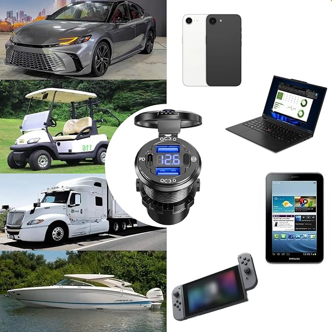 2PCS, 12V USB Outlet, VANONE Aluminum Alloy Dual 18W QC3.0 Ports & 36W PD USB Charging Port 12 Volt Outlet Charger Socket, Accessories for Car Boat Marine Motorcycle RV ATV Truck Golf Cart