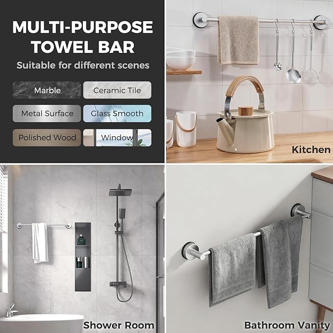 Adjustable Suction Cup Towel Bar for Bathroom Wall,17 Inch~29 Inch Towel Racks for Bathroom,Stainless Steel Bath Towel Holder for Shower(Brushed Silver)