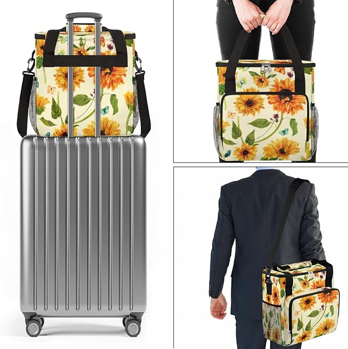 Sunflower Coffee Maker Carring Bag Flower Leaves Travel Storage Tote Bag Compatible with Keurig K-Mini or K-Mini Plus Portable Single Serve Coffee Brewer Case with Pockets for K-cup Pods