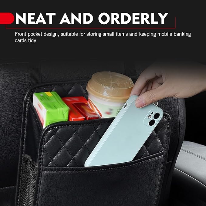 Backseat Car Organizer, 10" x 10" PU Leather Hanging Storage with Side Pockets, Multifunctional Auto Backseat Organizer, Large Capacity Waterproof Garbage Can for Most Cars Vehicles (Black)