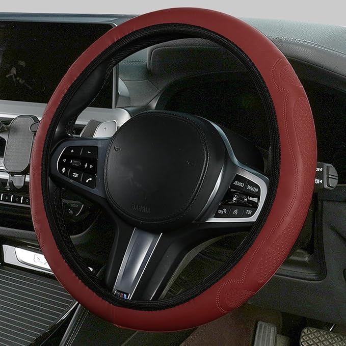 Car Steering Wheel Cover, 15 Inch Leather Soft Elastic Stretch Anti Slip Auto Steering Wheel Wrap Guard, Breathable Vehicle Interior Accessories, Universal for SUV RV Truck (Wine Red)