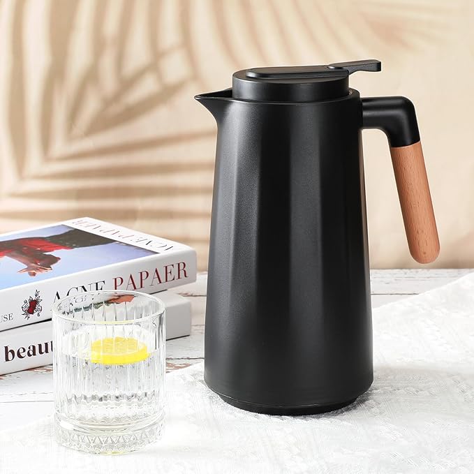 2 Pcs 34 oz Thermal Coffee Carafe for Keeping Hot/Cold Double Wall Vacuum Carafe with Insulated Glass Liner and Wood Handle Coffee Pot Container for Drinks Milk Tea Chocolates(Black)