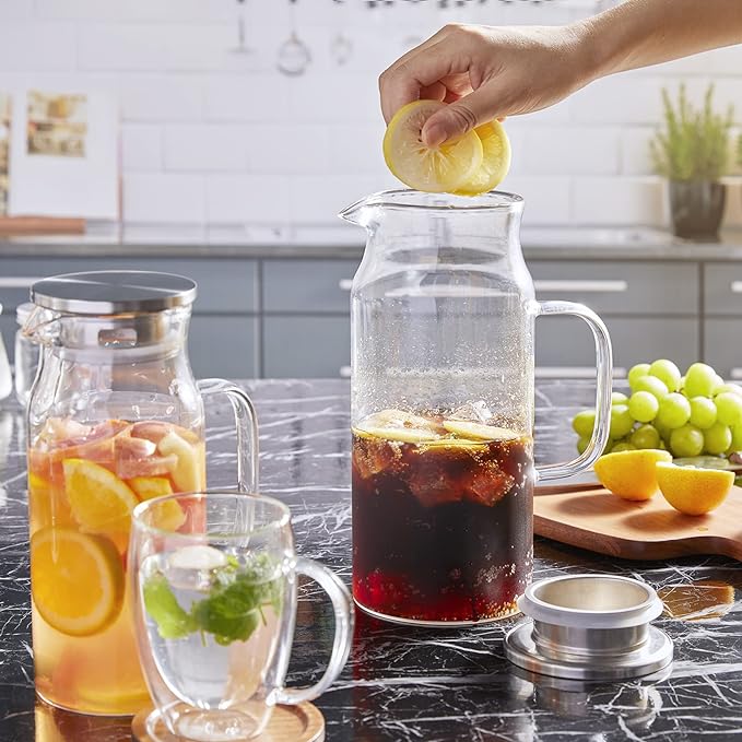 Bivvclaz 3 Pack 2 Liter 68 oz 2.1 Qt Glass Pitcher with Lid and Handle, Water Pitcher for Fridge, Glass Carafe for Hot/Cold Water, Large Iced Tea Pitcher for Coffee, Juice and Homemade Beverage