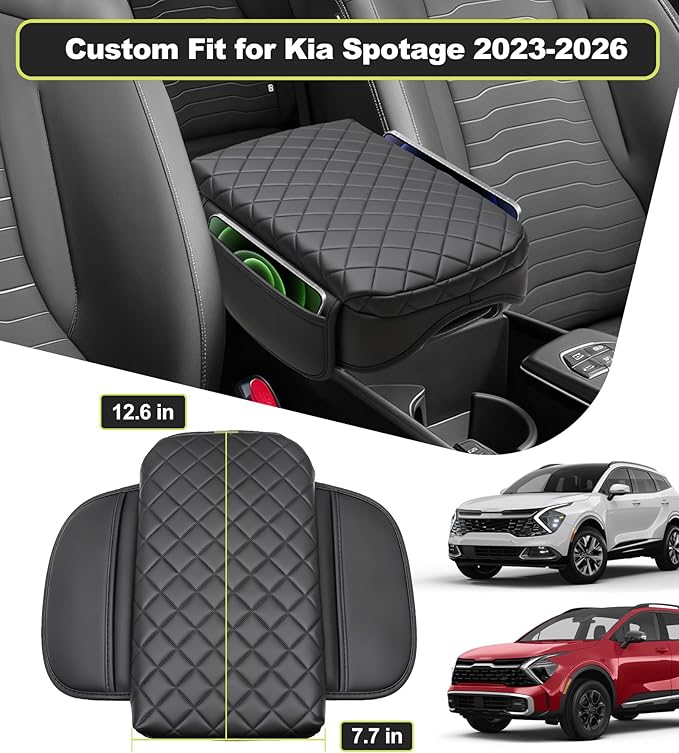 Center Console Armrest Cover for Kia Sportage 2023 2024 2025 2026 Accessories Arm Rest Lid Pad with Side Pockets, Black Faux Leather