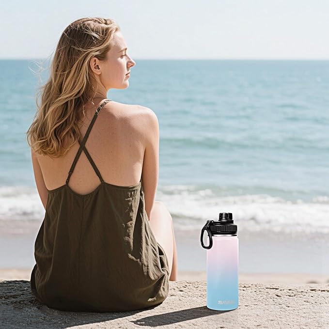 SASEUM Sport Water Bottle 32oz Stainless Steel Double Wall Vacuum Thermal Mug with Leak Proof Spout Lids, Wide Mouth Metal Insulated Water Jug for Gym and Travel(Blue Pink)