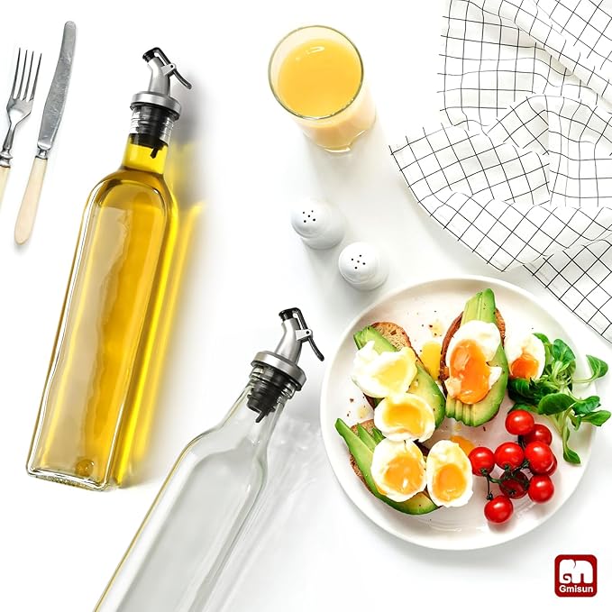 GMISUN Olive Oil Dispenser for Kitchen 8 Pack, Glass Oil Dispenser Bottle 17oz, Cooking Soy Sauce Bottle Container Cruet with Plastic Pourer Spout, Funnel and Labels, Clear