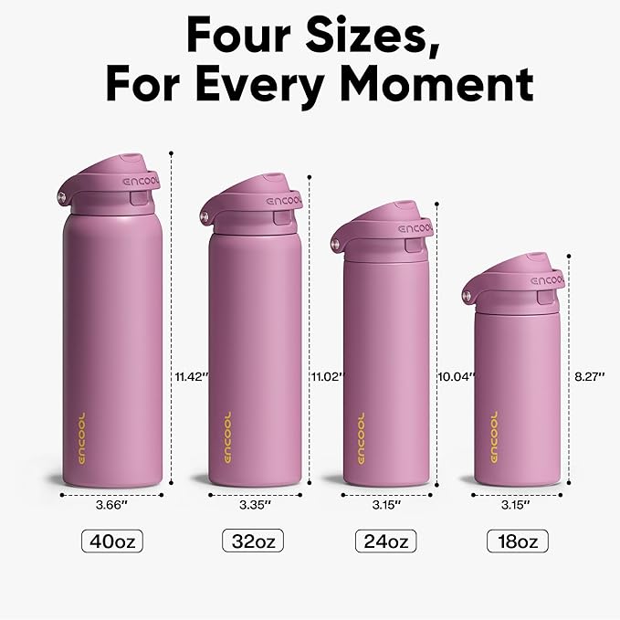ENCOOL Leakproof Insulated Water Bottle with Straw Dual-Sip Water Bottle Bag-Safe Design for Work, Commute & Gym – Keeps Drinks Cold All Day, 24 oz, Mountbatten Pink
