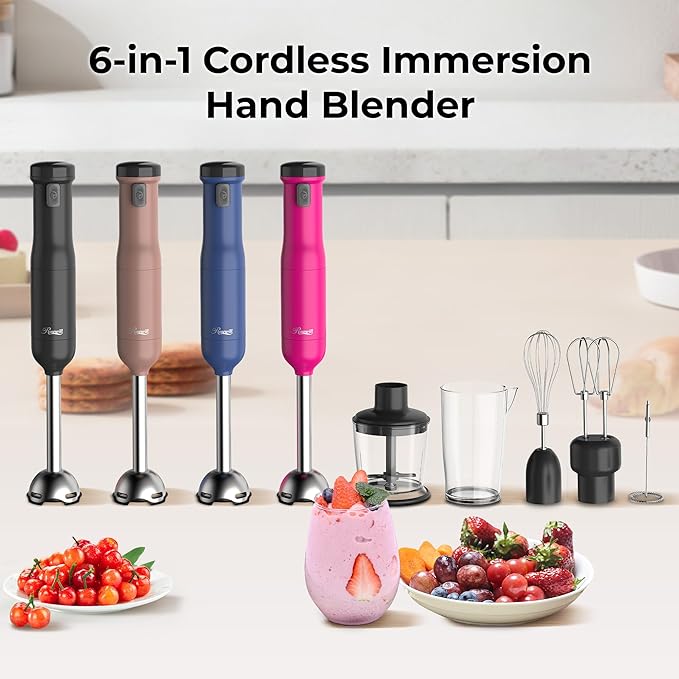 Rosewill 6-in-1 Multi-Speed Cordless Rechargeable Immersion Hand Blender, Heavy Duty Motor - Stick Blender, Beaker, Whisk, Chopper, Dual Beater, Milk Frother - For Smoothies, Baby Food, Soup - Mocha