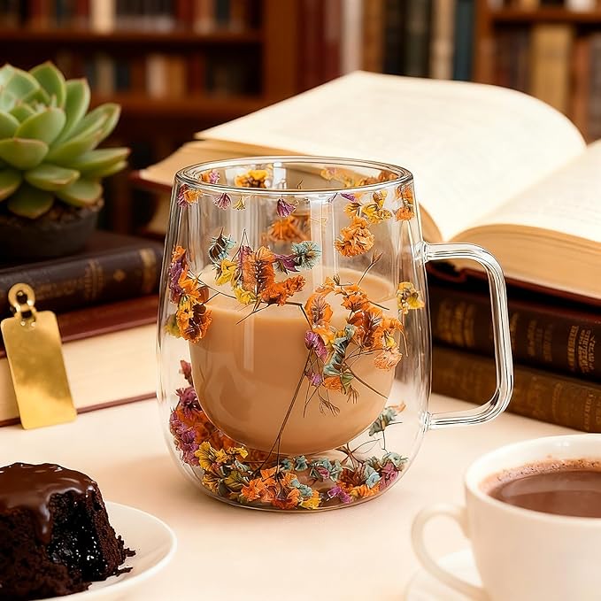 Double Wall Glass Coffee Mugs, Cute Clear Flower Cups with Handle, Unique Double Insulated Glass Cup for Cappuccino Tea Espresso Latte Hot Beverages, Birthday Gifts for Mother Women (12oz)