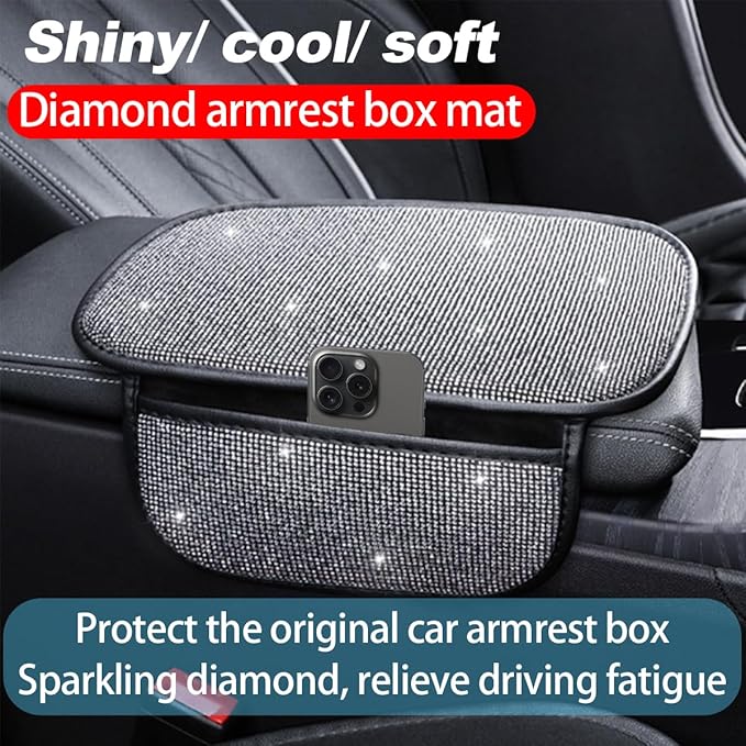 Bling Car Center Console Cover, Crystal Rhinestone Vehicle Armrest Cover Cushion with 2 Storage Bags for Women Girls, Diamond Auto Storage Box Protector Pad, Universal Fit (White)