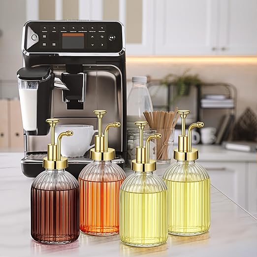 LemonRoad 4 Pcs Coffee Syrup Dispenser for Coffee Bar 10oz Glass Syrup Pump Dispenser with Gold Pump, Gold Scoop and Funnel for Bar Accessories