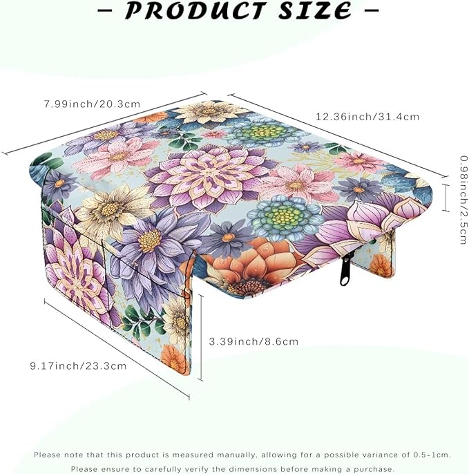 Dreaweet Car Center Console Cover Boho Floral Print Arm Rest Cover for Women Soft Thick Center Console Armrest Pad with Pockets Soft Comfortable Car Armrest Storage Box Mat
