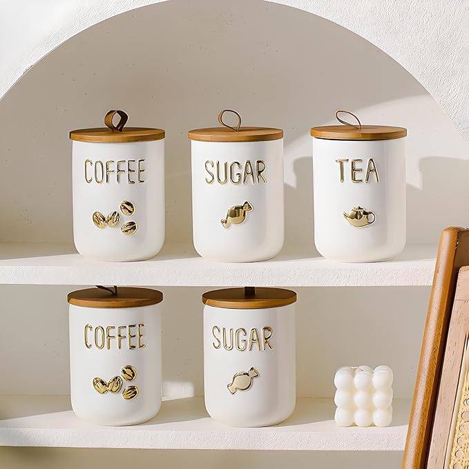 YYW Kitchen Canisters for Countertop, White Airtight Ceramic Canister with Seal Wooden Lid Storage Container for Coffee Bean Ground Coffee Sugar and Tea (White(sugar))