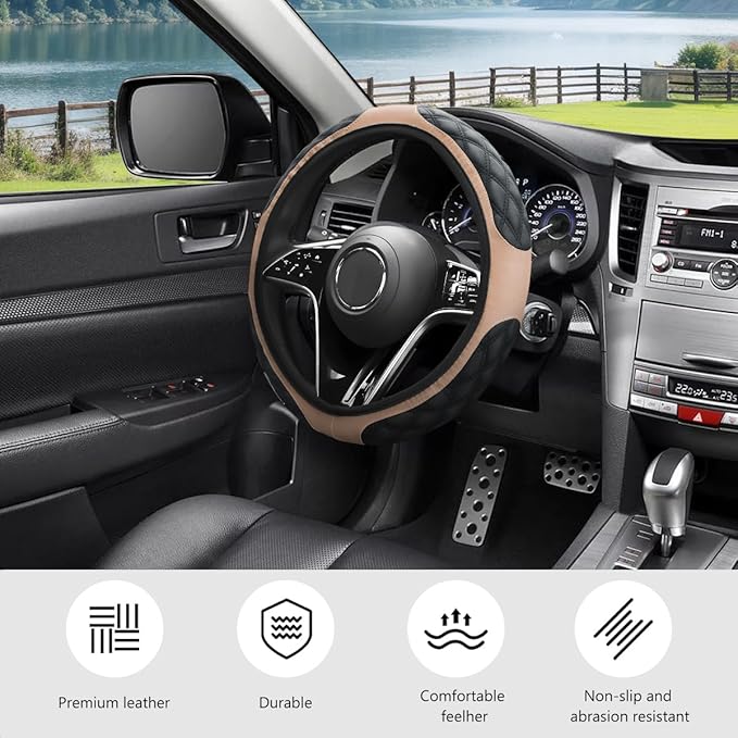 Car Steering Wheel Cover, 15 Inches Leather Steering Wheel Protector with Non-Slip Grip, Universal Wheel Covers Interior Decoration for Sedens Trucks SUVs, Car Accessories (Beige)