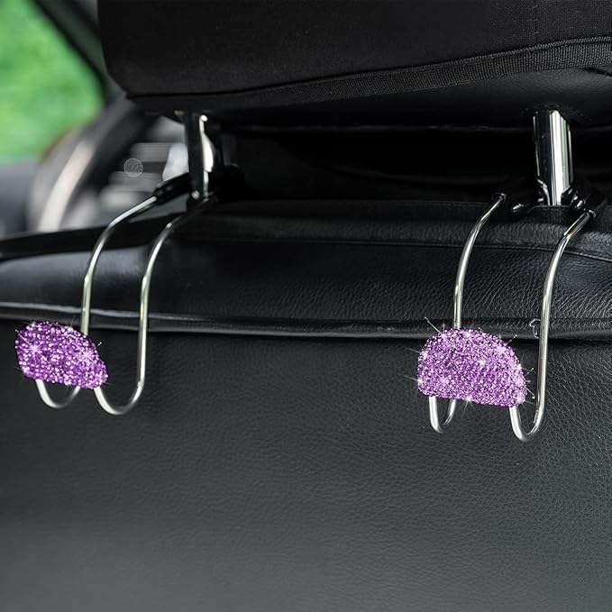 AUCELI Car Headrest Hook, 2 Pack Bling Backseat Organizer Hanger for Purse Clothes Grocery Bag, Rhinestones Auto Headrest Storage Holder, Universal Car Seat Accessories for Most Vehicle (Purple)